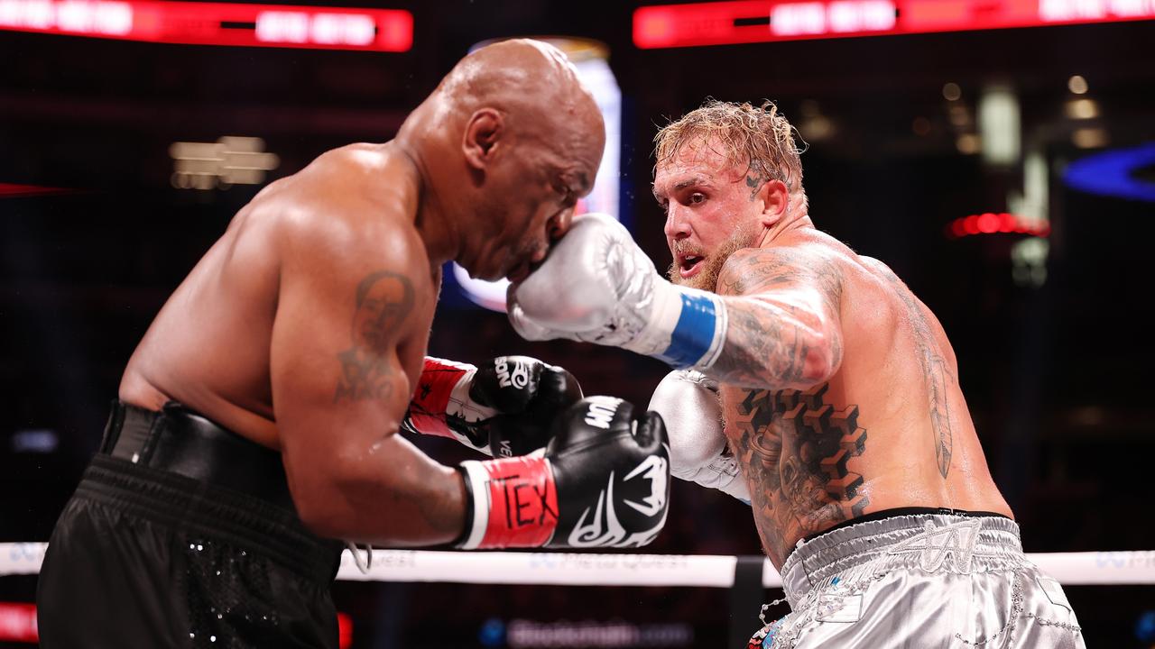 Mike Tyson and Jake Paul fight during their latest bout. Picture: Al Bello/Getty