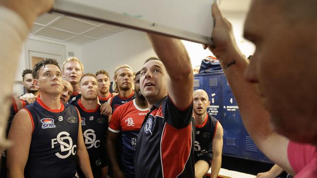 Springvale Districts coach Krissy Thompson works the board before Round 1 in 2019.