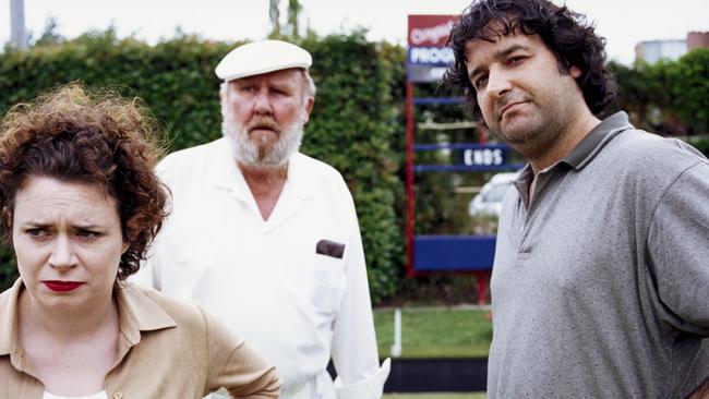 Judith Lucy, Bill Hunter and Mick Molloy in a scene from Crackerjack.