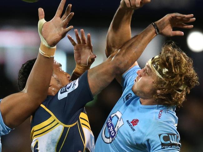 Brumbies vs Waratahs at GIO Stadium in Canberra. Waratahs Will Skelton and Michael Hooper. Pic By Kym Smith