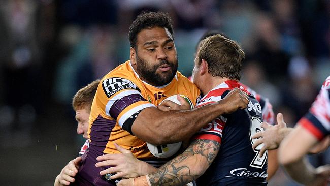 Sam Thaiday of the Broncos is tackled by Dylan Napa (left), and Jake Friend of the Roosters during the Round 24 NRL match between the Sydney Roosters and the Brisbane Broncos at Allianz Stadium in Sydney, Saturday, August 25, 2018. (AAP Image/Dan Himbrechts) NO ARCHIVING, EDITORIAL USE ONLY