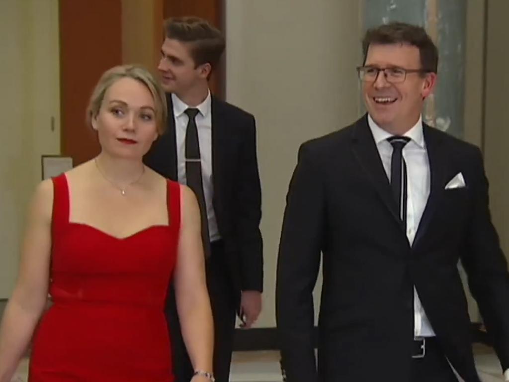 Federal member of Parliament Alan Tudge arrives at the 2017 Mid-Winter Ball in the company of Liberal staffer Rachelle Miller who he was having an affair with. Picture: Four Corners