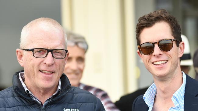 Victorian trainer Mick Price, left, reckons he had his eyes shut when the gates opened for the Lightning Stakes at Morphettville on Saturday. Picture: Vince Caligiuri/AAP