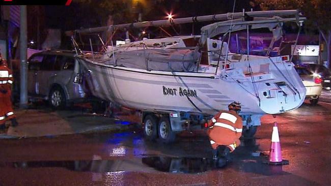 Police are investigating a crash at Kurralta Park last night after an SUV towing a yacht crashed into a building. Picture: 7NEWS