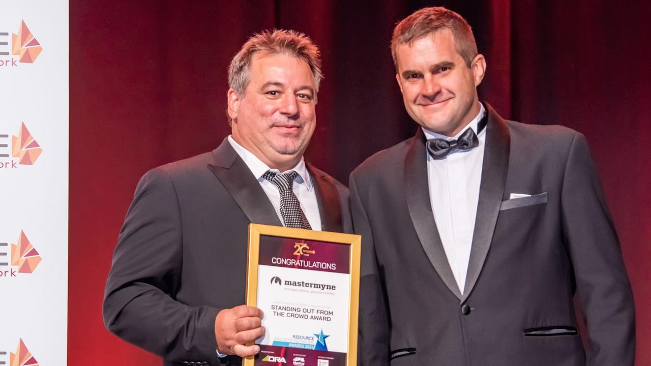 Standing Out From the Crowd winner Tony Zahra from Mastermyne and Nathan Corbett at the 2021 Resource Industry Network awards at the MECC: Picture: Tristan Mariano