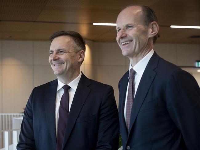 Monday 18th July 2022.  ANZ's CEO Shayne Elliott and Chairman Paul O'Sullivan announces it aquires Suncorp Bank in Brisbane with Suncorp's CEO Steve Johnston and Suncorp Chair,  Christine McLoughlin.Photograph by Arsineh Houspian