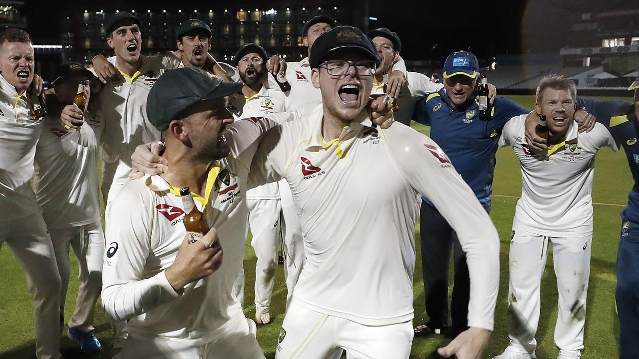 Steve Smith dons the glasses during Australia’s Ashes celebrations.