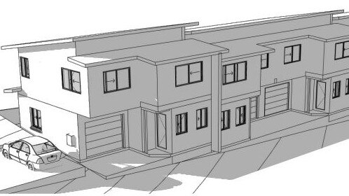 The modern townhouses would feature a distinctive pitched roofline.