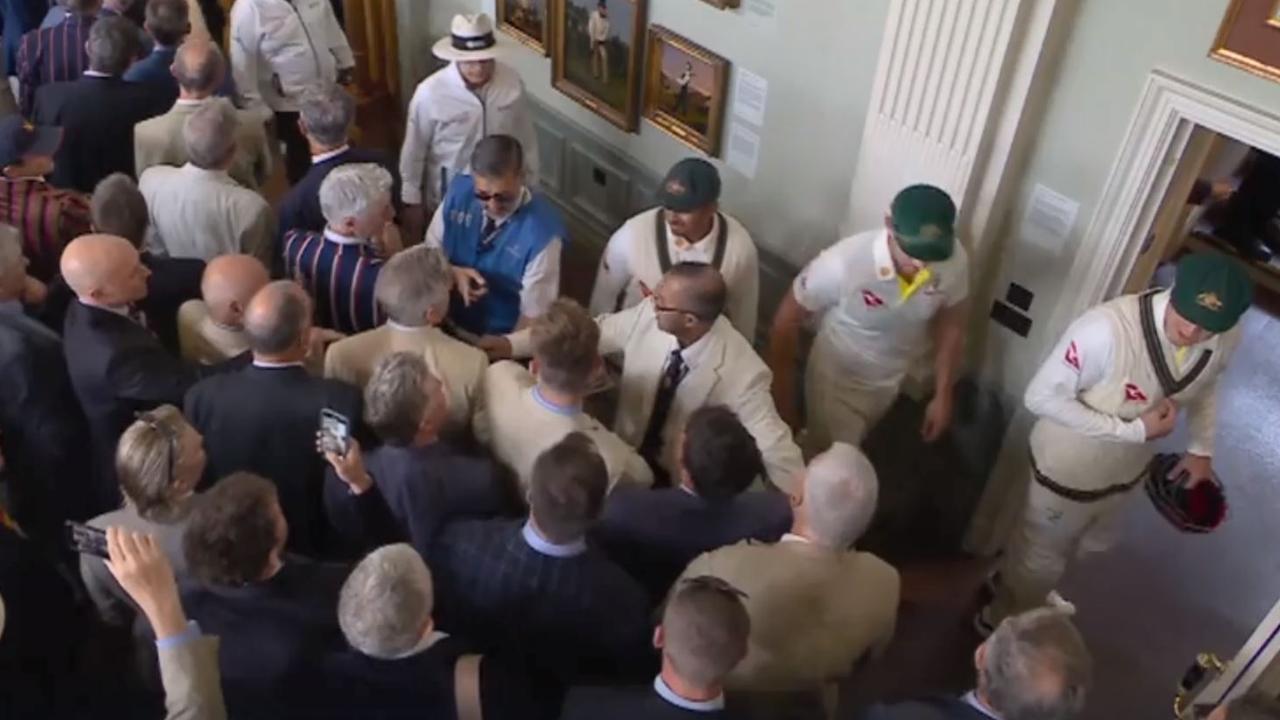 Australian players are heckled as they walk past MCC members at Lord’s after Bairstow’s dismissal. Picture: Nine Wide World of Sports