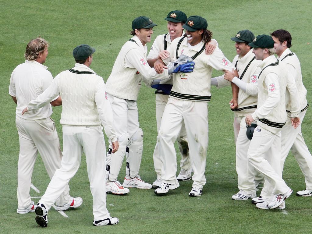 Andrew Symonds celebrates with Australian teammates after he caught Kevin Pietersen off the bowling of Shane Warne during the 2006 Boxing Day Test. Picture: Robert Cianflone/Getty Images