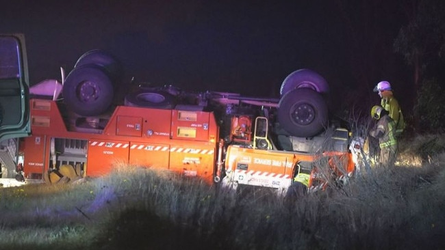 Four firefighters were hospitalised after a truck rolled at Jennings. Picture: 9 News