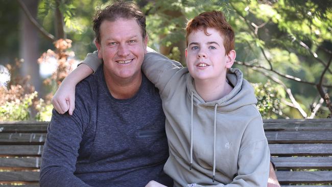 Bone marrow transplant recipient Blake Dridan, from Ballarat, with his father Luke. Picture: David Caird