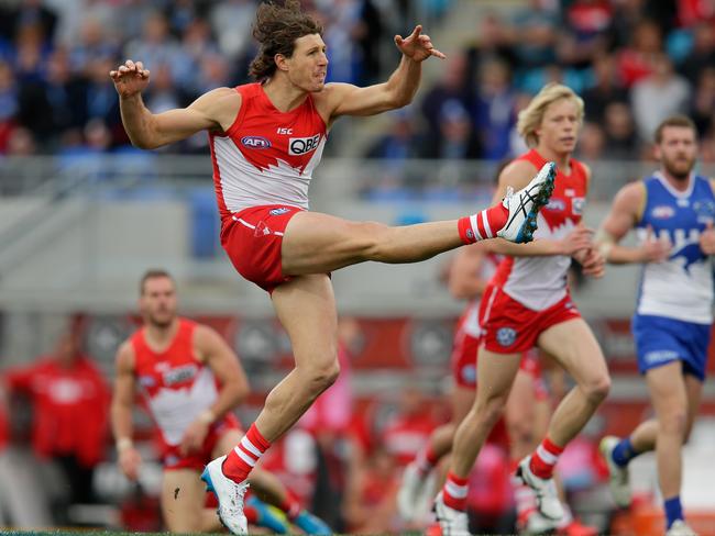 Kurt Tippett of the Swans kicks the ball during the round 22 AFL match between the North Melbourne Kangaroos and the Sydney Swans at Blundstone Arena on August 20, 2016 in Hobart, Australia. (Photo by Darrian Traynor/Getty Images)