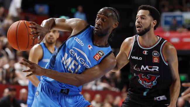 WOLLONGONG, AUSTRALIA - MARCH 08: Ian Clark of Melbourne United passes the ball during game one of the NBL Grand Final Series between Illawarra Hawks and Melbourne United at WIN Entertainment Centre, on March 08, 2025, in Wollongong, Australia. (Photo by Darrian Traynor/Getty Images)