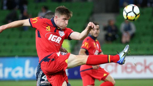 Adelaide United’s Ryan Strain in action against Melbourn Victory on Saturday night.