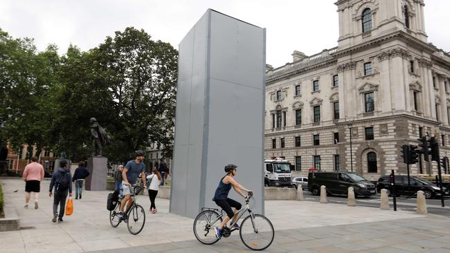 A statue of British wartime Prime Minister Winston Churchill is boarded up on Parliament square in central London in 2020. Picture: AFP