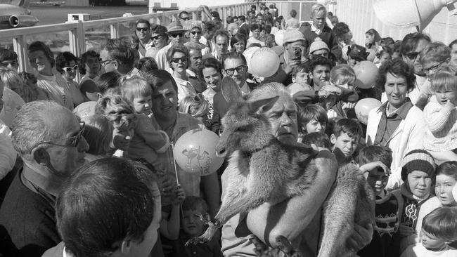 Skippy, the bush kangaroo, star of the TV series, was surrounded by young and not so young admirers soon after her arrival at Brisbane Airport in 1969.