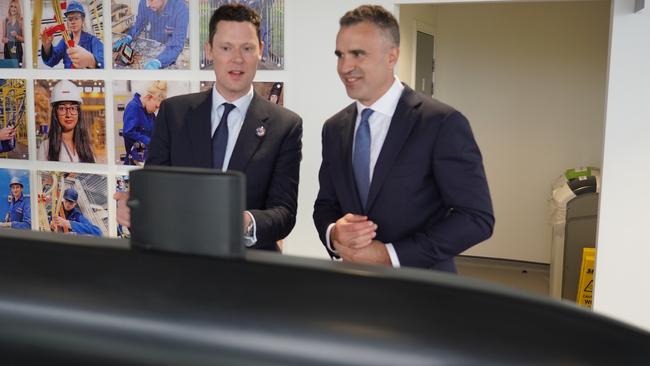 Premier Peter Malinauskas and UK Defence Procurement Minister Alex Chalk in March, 2023, at the Barrow-in-Furness nuclear submarine shipyard operated by BAE Systems. Picture: supplied