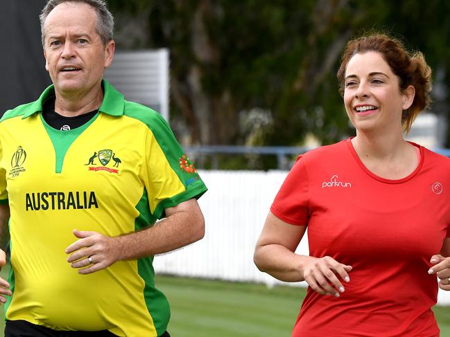 Anika Wells jogging with Bill Shorten on the campaign trail. Picture: Bradley Kanaris/Getty Images