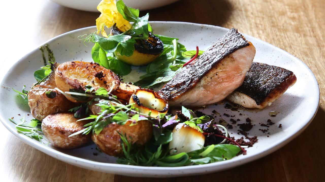 Isles Lane, Post Office Square. Salmon, roast potatoes and roast pumpkin. Avocado and quinoa salad. Picture: AAP Image/Claudia Baxter