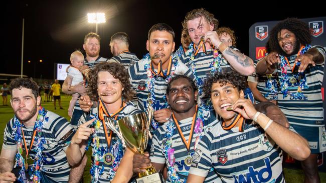 The Darwin Brothers celebrate their 2024 NRL NT grand final win against the Northern Sharks. Picture: Pema Tamang Pakhrin