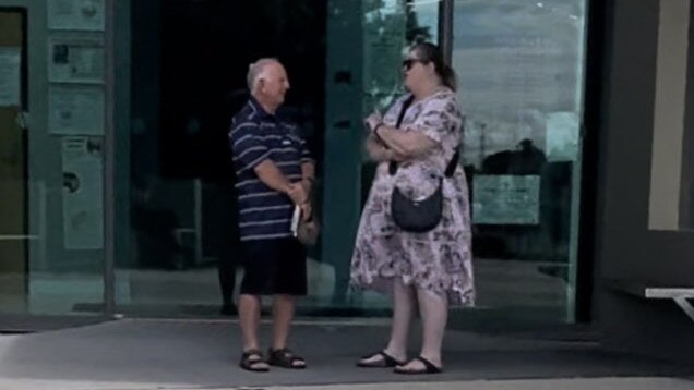 Pictured: Emily Thompson’s grandfather and family friend outside Pine Rivers Courthouse on Monday April 3.