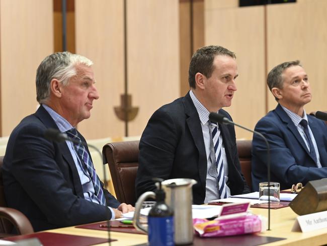 CANBERRA, Australia, NewsWire Photos. June 21, 2024: (L-R) Anthony Kendall, Managing Director Australian Community Media , Andrew Schreyer, Country Press Australia President and Peter Kennedy, Country Press Australia Executive Director appear at the Joint Select Committee on Social Media and Australian Society at Parliament House in Canberra. Picture: NewsWire / Martin Ollman