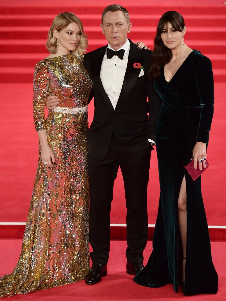 Lea Seydoux, Daniel Craig and Monica Bellucci attend the Royal Film Performance of “Spectre”at Royal Albert Hall on October 26, 2015 in London. Picture: AFP