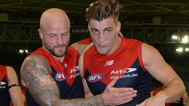 Nathan Jones and Jack Viney celebrate Melbourne’s first win of 2017. Picture: AAP Images