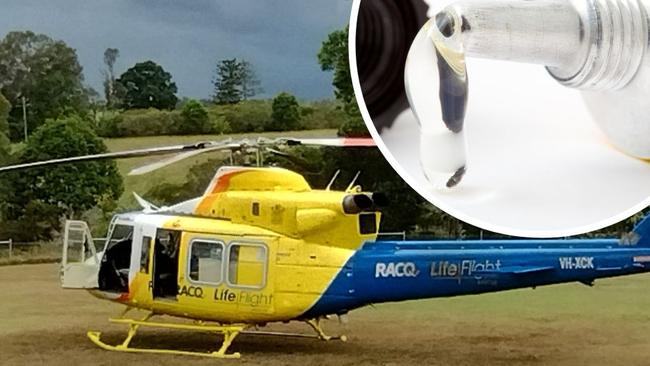 A young Gympie region girl was flown to the Sunshine Coast University Hospital after a glue tube she was chewing split open in her mouth.