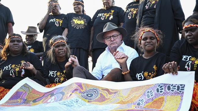 Anthony Albanese with the Uluru Statement from the Heart on Tuesday: ‘A hand outstretched for us to grasp in friendship’. Picture: NCA NewsWire / Martin Ollman