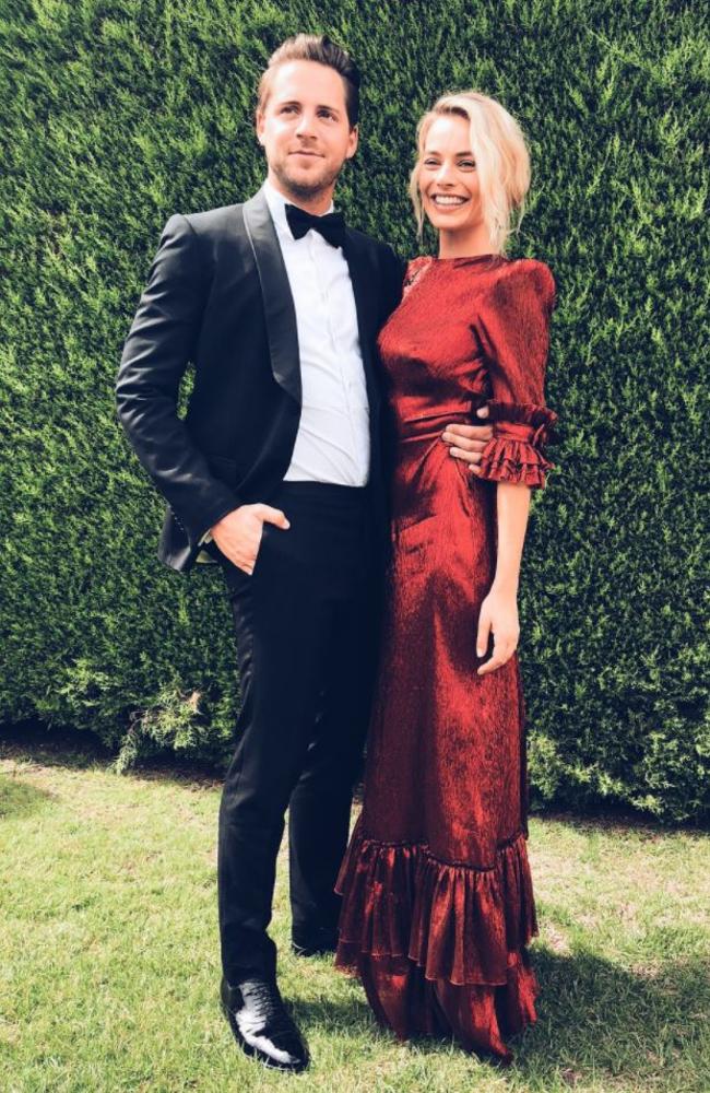 Margot Robbie and husband Tom Ackerly in Melbourne at a friend's wedding. Picture: Instagram/alpha_meows