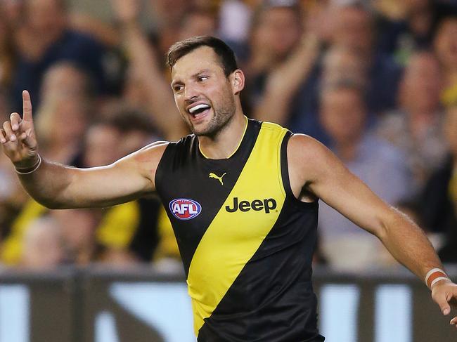 MELBOURNE, AUSTRALIA - MARCH 21: Toby Nankervis of the Tigers celebrates a goal during the round one AFL match between the Carlton Blues and the Richmond Tigers at Melbourne Cricket Ground on March 21, 2019 in Melbourne, Australia. (Photo by Michael Dodge/Getty Images)