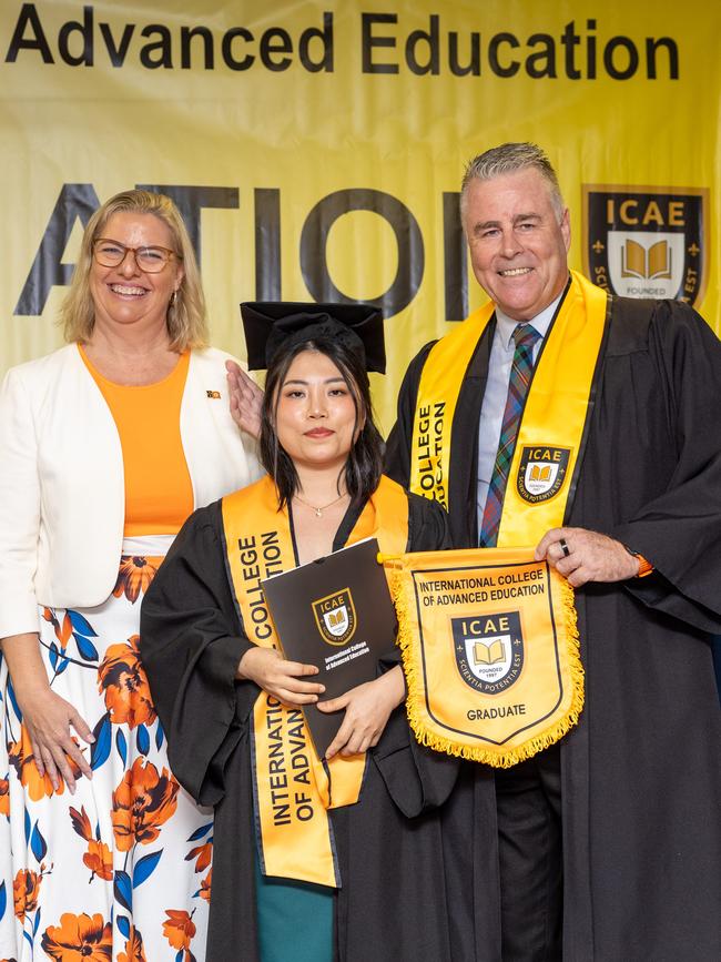 Minister Marie-Clare Boothby, Tran Thao Ni Le and Sean Mahoney Chief executive at the International College of Advanced Education Graduation, May 2025. Picture: Pema Tamang Pakhrin