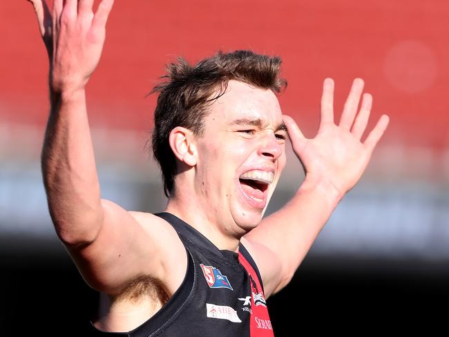 SANFL - Sunday 5th July, 2020 - West Adelaide v Central Districts at the Adelaide Oval. West Adelaide Riley Thilthorpe celebrates his goal in the first quarter Picture: Sarah Reed