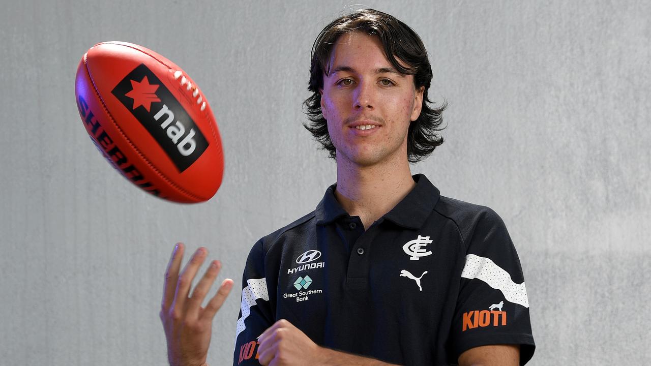 No. 11 pick Oliver Hollands grew up a Blues fan after his great grandfather, Martin Cross, played for Carlton in the 1962 Grand Final. (Photo by Morgan Hancock/Getty Images)