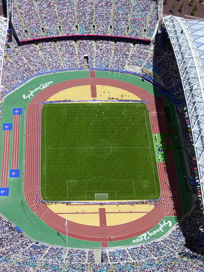 Aerial view of the Sydney Olympic Stadium at Homebush with a soccer match in progress.