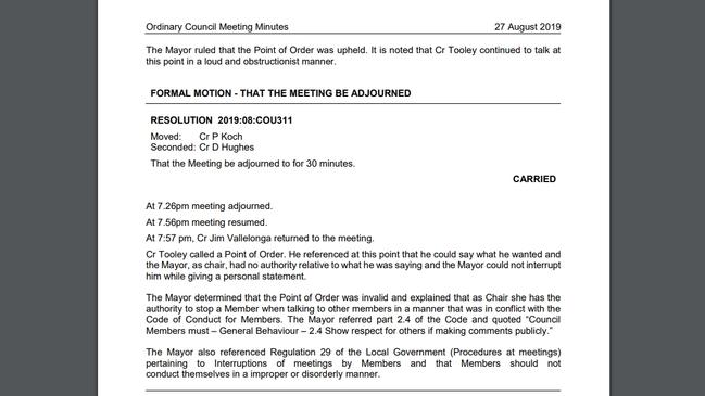 Gawler Council minutes from the meeting of August 27, 2019. Picture: Supplied