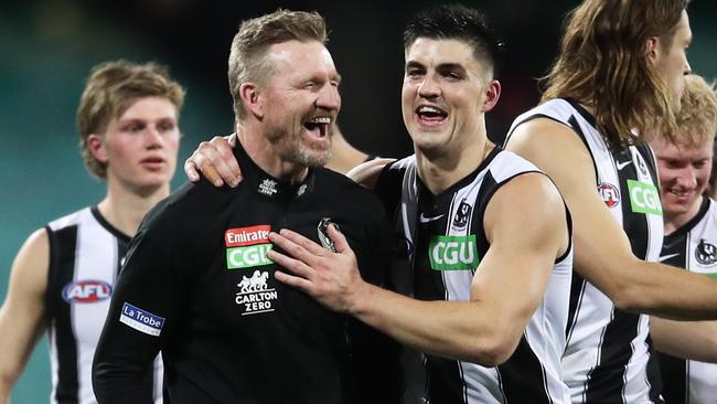 Nathan Buckley after coaching Collingwood to a win in his final match. Picture: Getty Images