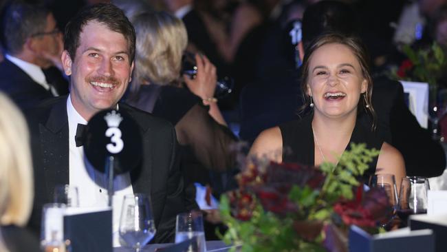 MELBOURNE, AUSTRALIA - NOVEMBER 27: 2017 John Newcombe medallist Ashleigh Barty enjoys the atmposphere with her boyfriend Garry Kissick at the 2017 Newcombe Medal at Crown Palladium on November 27, 2017 in Melbourne, Australia. (Photo by Michael Dodge/Getty Images)