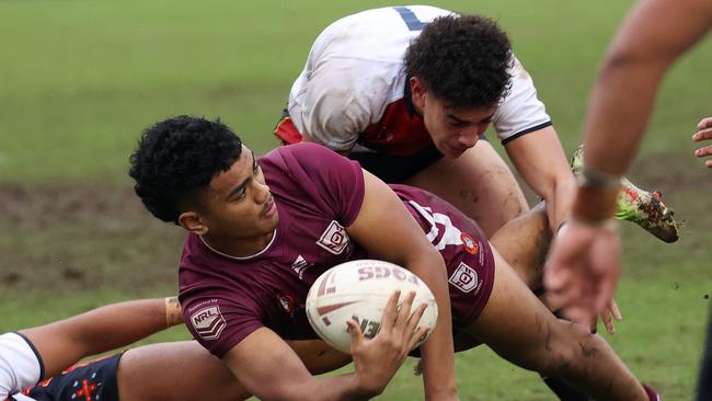 QLD player 13, Karl Oloapu, ASSRL National Semi-finals, QLD vs NSW CIS (18), Redcliffe. Picture: Liam Kidston