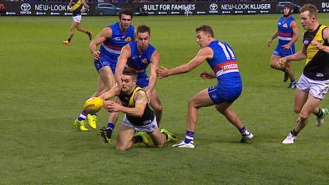 Jayden Short was penalised for deliberate out of bounds for this play.