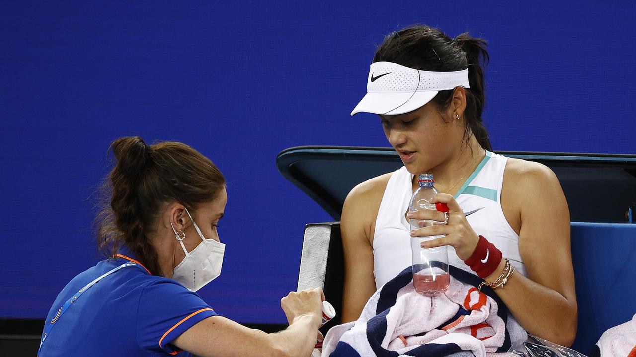 Raducanu needed a medical time-out during her match against Danka Kovinic. Picture: Darrian Traynor/Getty Images