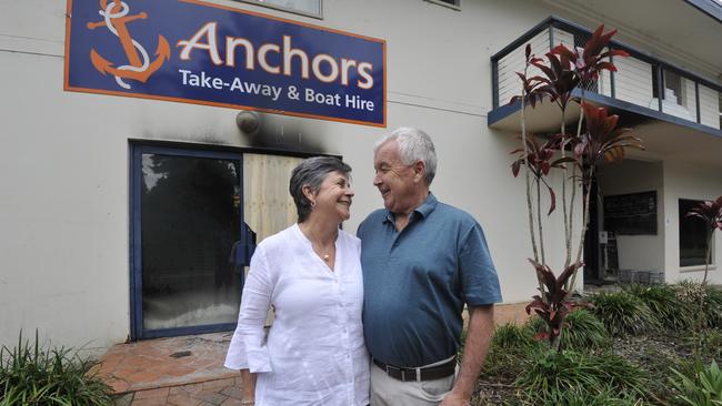 Denise and Steve Ryan at their Anchors Wharf restaurant in Urunga. The building was almost destroyed by a fire on May 3 which was caused by a faulty fridge. Photo: Tim Jarrett