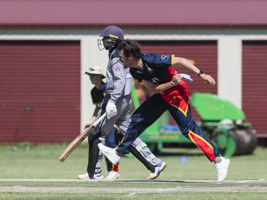 Kharn Millward bowls for Metropolitan-Easts against Souths Magpies in Toowoomba Cricket A Grade One Day grand final at Captain Cook Reserve, Sunday, December 10, 2023. Picture: Kevin Farmer