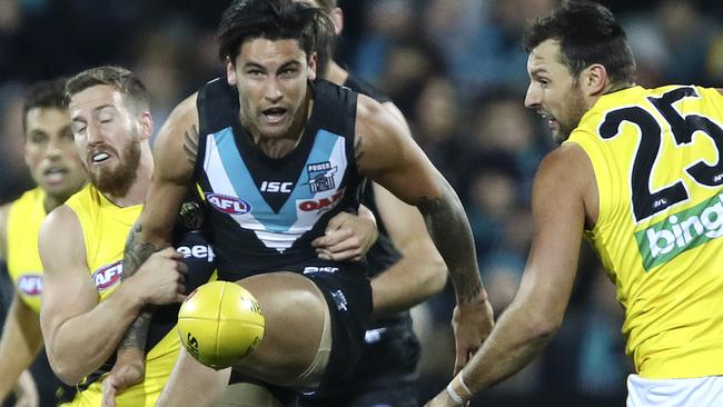 Port Adelaide’s best player, Chad Wingard, gets his kick away against Richmond. Picture: Sarah Reed