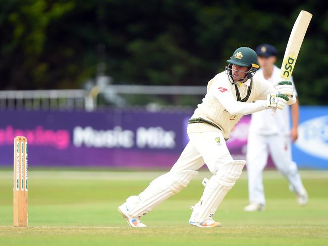 DERBY, ENGLAND - AUGUST 30: Usman Khawaja of Australia plays the leg glance shot while batting during the Tour Match between Derbyshire and Australia at The County Ground on August 30, 2019 in Derby, England. (Photo by Nathan Stirk/Getty Images)