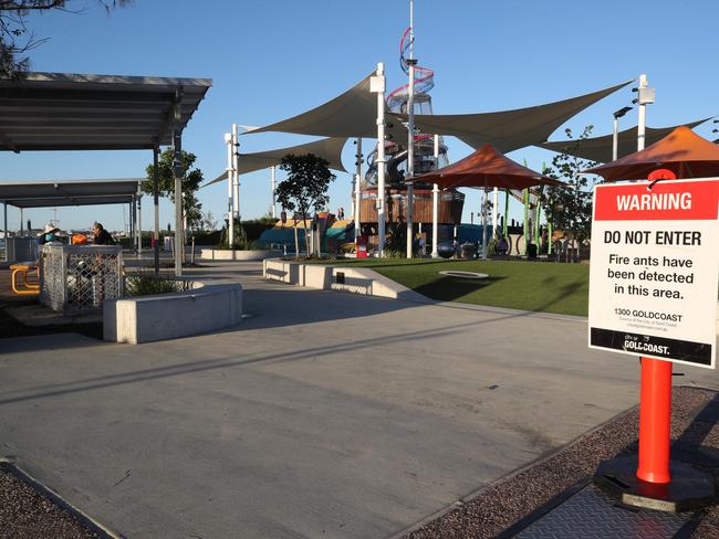 Signs at the Broadwater Parklands after fire ants were discovered. Picture: Glenn Hampson.