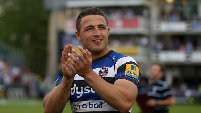 BATH, ENGLAND - MAY 23: Sam Burgess of Bath celebrates at the final whistle following the Aviva Premiership Semi Final match between Bath Rugby and Leicester Tigers at Recreation Ground on May 23, 2015 in Bath, England. (Photo by Ben Hoskins/Getty Images)