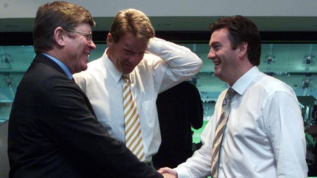 Former AFL CEO Wayne Jackson in the Channel 9 commentary box with Eddie McGuire and Sam Newman.